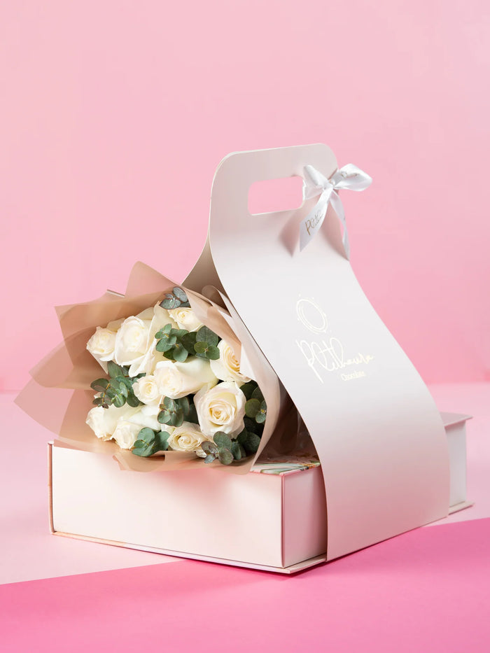Proud White Bouquet (Packaging comes only if love box chocolate inside)