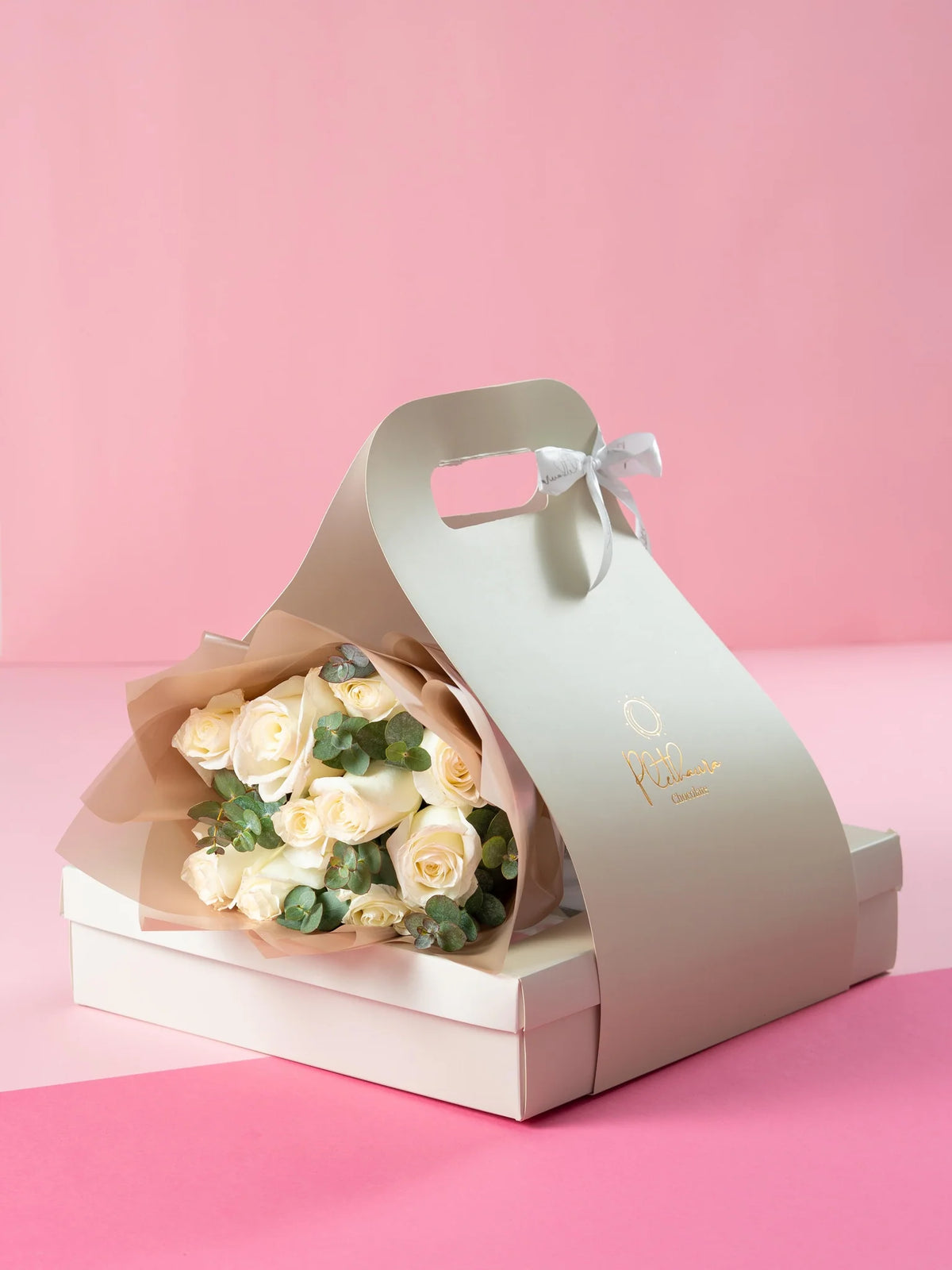 Proud white Bouquet (Packaging comes only if letter chocolate inside)