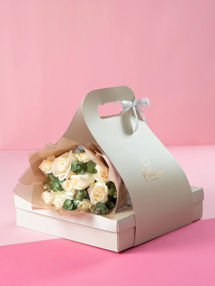Proud white Bouquet (Packaging comes only if letter chocolate inside)